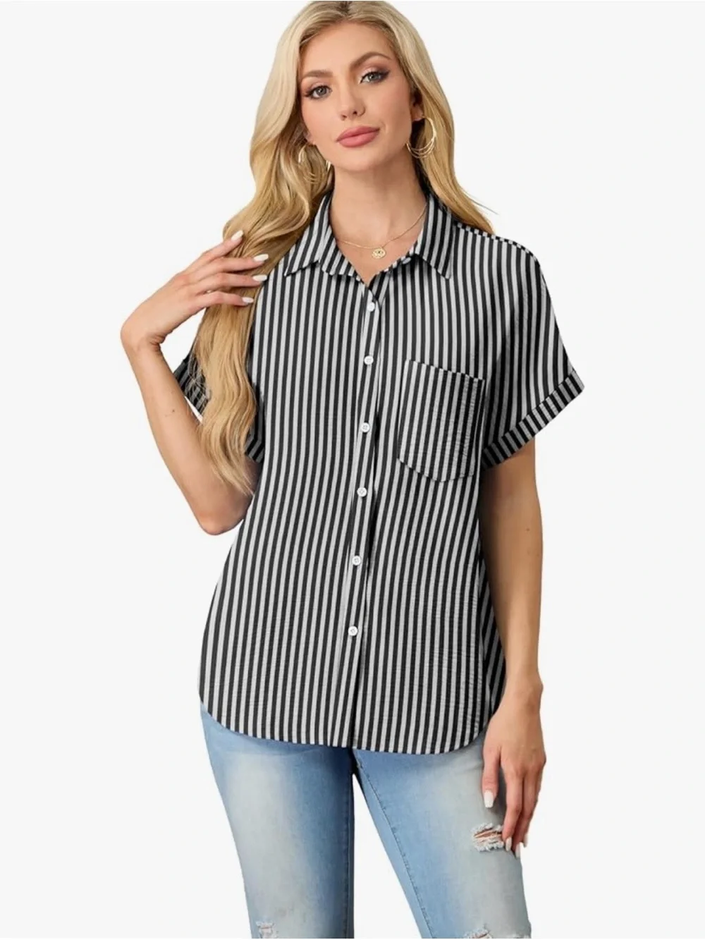 Black & White Striped Button Down Blouse XL NWOT Casual Collared Top